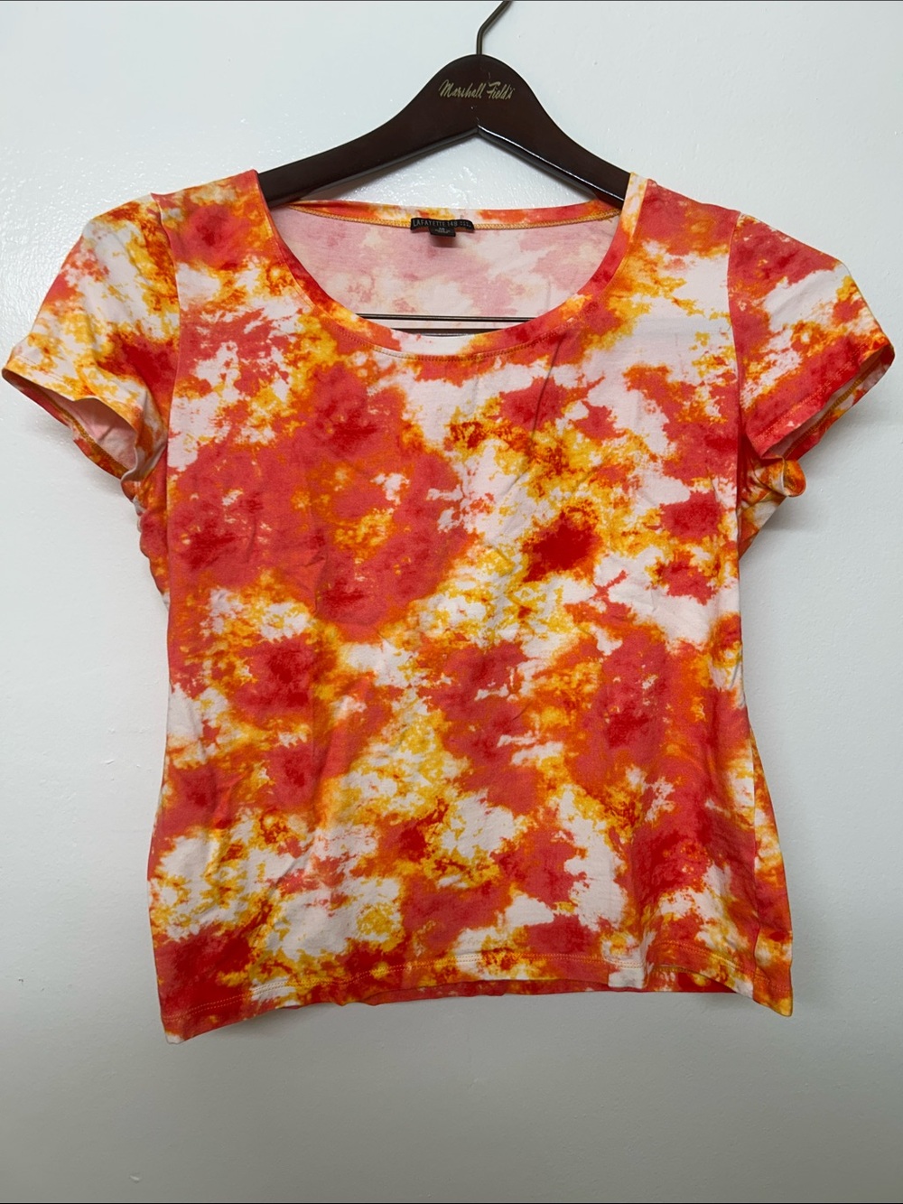 Lafayette 148 New York Short Sleeve Tie-Dye Tee in Red, Orange & White